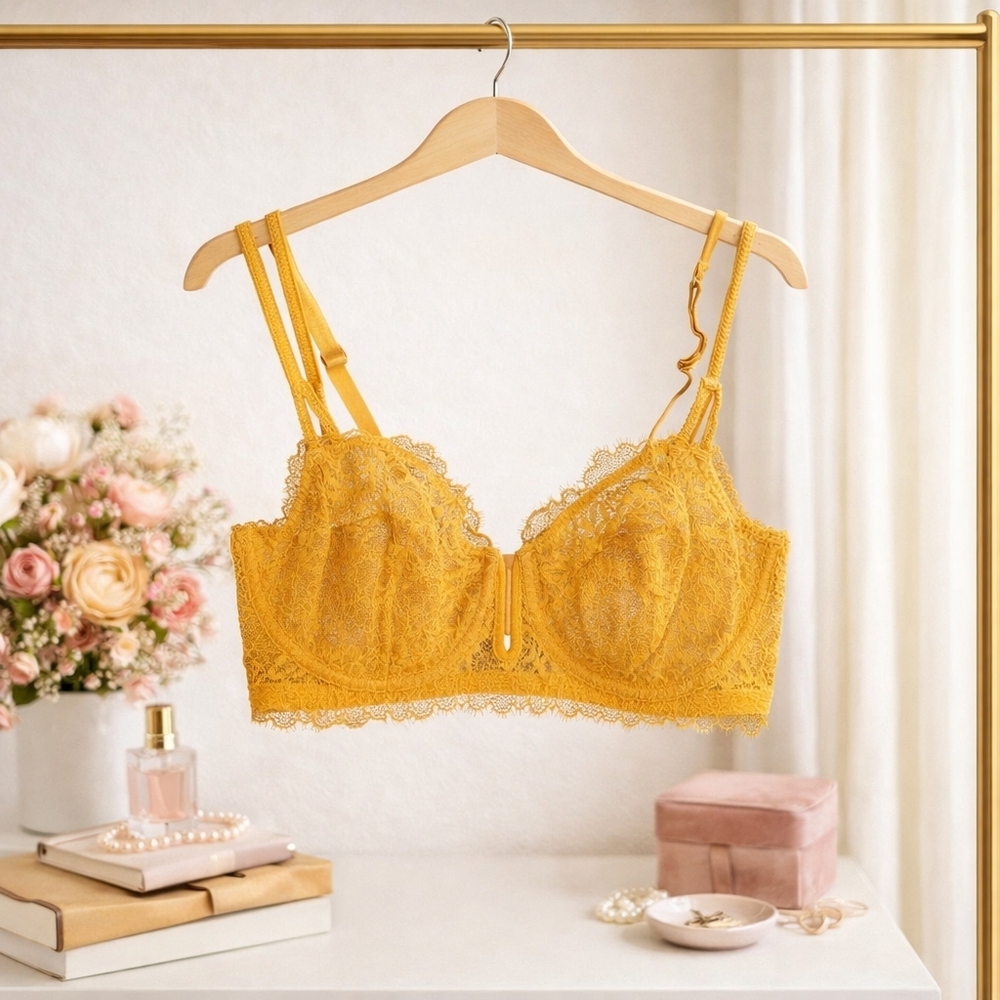 Auden Lace Underwire Bra 32D Mustard Yellow Unlined NWT